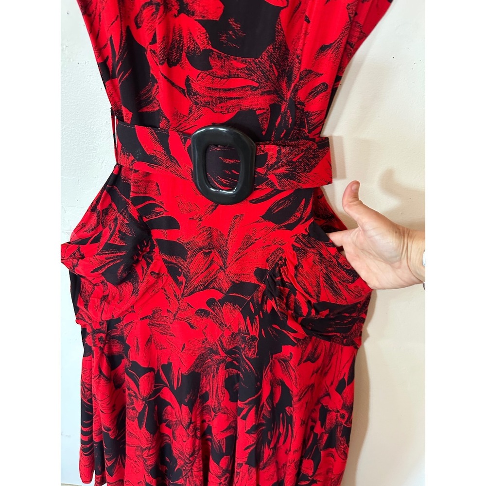 Joni Blair of California Vintage Red Black Floral Belted Midi Dress Size 9 - Picture 11 of 16